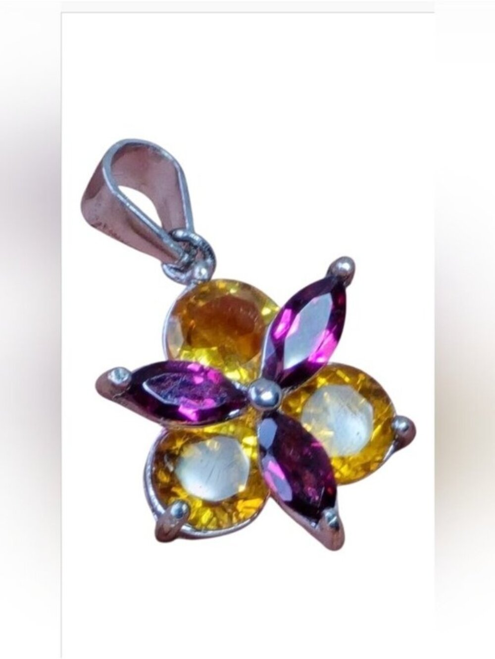 925 Sterling Silver Pendant 1x1cm with Natural Citrine & Rhodolite Garnet Gems